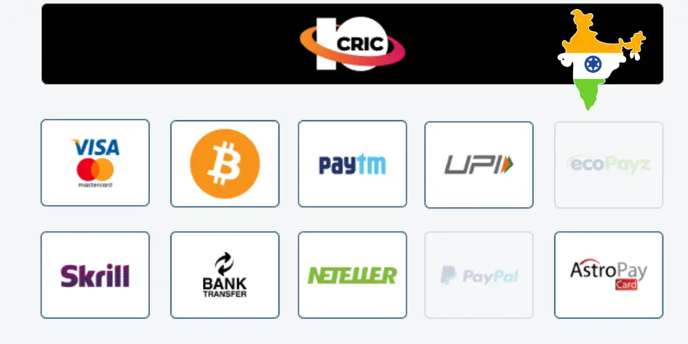 Payment Methods at 10cric Casino in India